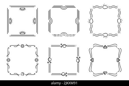 Weather themed frame dividers, cloud and rain, rainbow, sun, planets and stars, diamond and swirls set. Ornamental vintage frames, vintage square ornaments. Collection with simple thin black lines Stock Vector