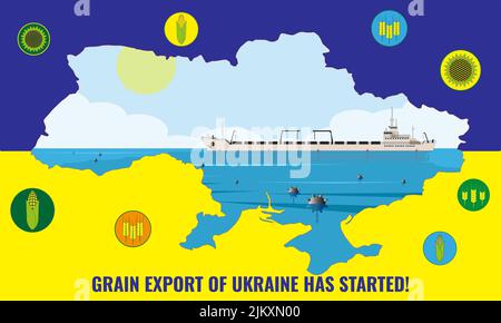 Illustration of the first Ukrainian dry cargo ship with grain that left the port of Odessa after the blockade. Against the background of the contour m Stock Photo