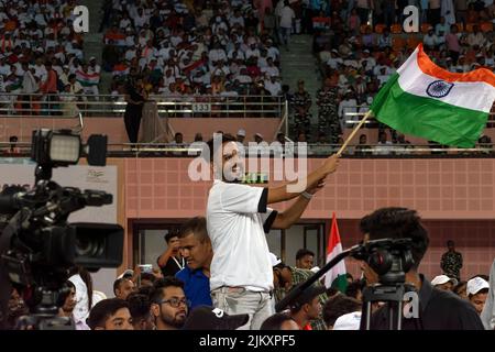 New Delhi, India. 02nd Aug, 2022. People waving the Indian Flag at Tiranga Utsav, organised by Ministry of Culture to celebrate the contribution of Shri Pingali Venkayya to the nation on the occasion of his 146th Birth Anniversary on 2nd August 2022. (Photo by Mohsin Javed/Pacific Press) Credit: Pacific Press Media Production Corp./Alamy Live News Stock Photo