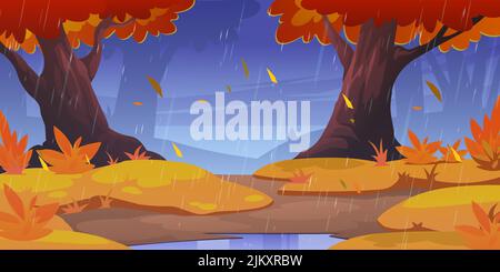 Rain in autumn forest, wild nature landscape. Cartoon fall wood background with puddle and yellow bushes under orange trees with falling leaves and water shower falling from sky Vector illustration Stock Vector