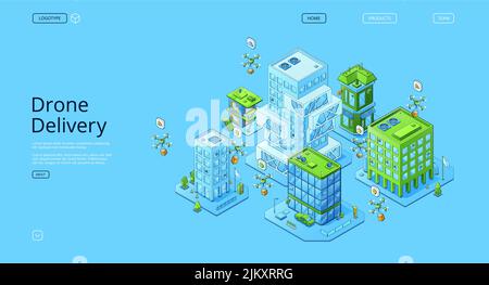 Drone delivery isometric landing page, quadcopters shipping parcels from warehouse to customers. Futuristic logistics technology, aircraft freight transportation service 3d vector line art web banner Stock Vector
