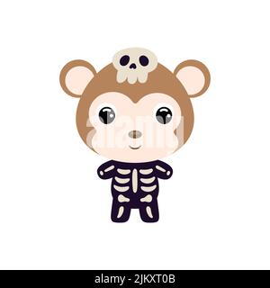 Cute little Halloween monkey in a skeleton costume. Cartoon animal character for kids t-shirts, nursery decoration, baby shower, greeting card, invita Stock Vector