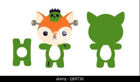 Cute die cut Halloween fox chocolate egg holder template. Cartoon animal character in a Frankenstein costume. Retail paper box for the easter egg. Pri Stock Vector