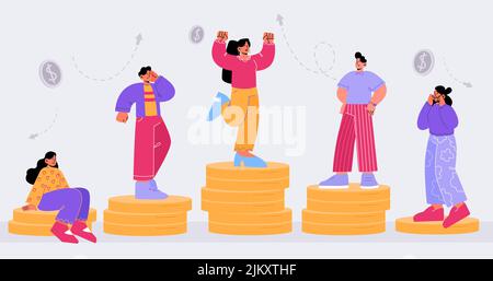 Salary gap, wage difference concept. Comparison of people income, pay for job. Vector flat illustration of rich and poor workers standing on high and low money stacks Stock Vector