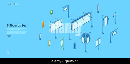 Billboards isometric web banner. Set of street signboards, stalls, booths or stands different constructions for outdoor advertising on blue background, 3d vector line art template for landing page Stock Vector