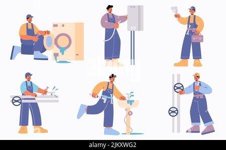 Plumber repairs water pipes, boiler, sink and broken washing machine. Vector flat illustration of plumbing service worker with wrench fix leakage, installing home heater Stock Vector