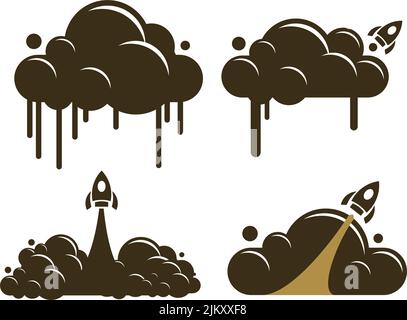 monochrome spaceship vector with smoke and cloud Stock Vector