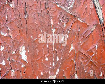 Chipboard in red paint. Background from a painted board. Pattern. Wooden background. Compressed chips. Old shabby wall. peeling paint Stock Photo