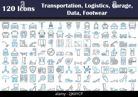 120 Icons Of Transportation, Logistics, Garage, Data, Footwear. Editable Bold Outline With Color Fill Design. Vector Illustration. Stock Vector