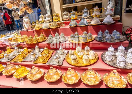 Colorful ceramic teapots, teawear sets sold in the street in Grand Bazaar, Istanbul, Turkey Stock Photo