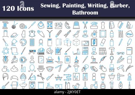 120 Icons Of Sewing, Painting, Writing, Barber, Bathroom. Editable Bold Outline With Color Fill Design. Vector Illustration. Stock Vector