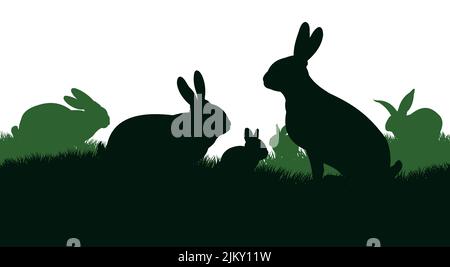 Rabbits are grazing on grass hill. Picture silhouette. Farm pets. Fur animals. Isolated on white background. Vector Stock Vector