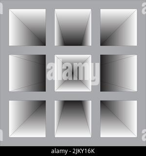 Vector perspective grid tunnel with geometrical shapes Stock Vector