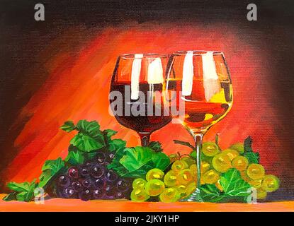 An oil painting depicting a still life of red and white wine glasses and grapes Stock Photo