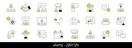 Set of doodle icons business meeting, conference, teamwork discussion, partnership, handshake. Speech bubbles, white board with chart, online communication isolated signs, Line art vector illustration Stock Vector