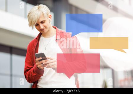 Young hipster communicating with his friends on-line. Stock Photo