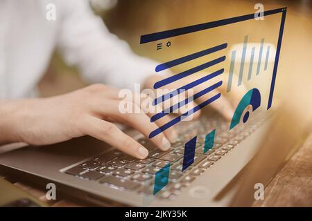 Online services concept. Hands on a laptop writing. Stock Photo