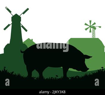 Pigs graze in pasture. Picture silhouette. Farm pets. Rural landscape with farmer house. Animals for meat and fat. Isolated on white background Stock Vector