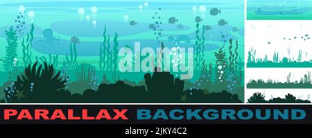Bottom of reservoir with fish. Set parallax effect. Silhouette. Blue water. Sea ocean. Underwater landscape with animals, plants, algae and corals Stock Vector