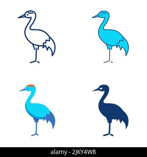 Red crowned crane icon set in flat and line style. Vector illustration. Stock Vector