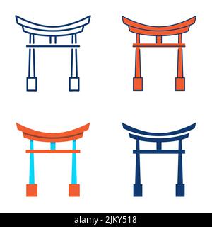 Chinese arch icon set in flat and line style. Asian style traditional gate symbol. Vector illustration. Stock Vector