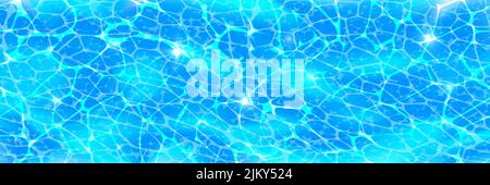 Swimming pool surface top view horizontal background with sunlight glare reflections, caustic ripples and waves. Clear blue water texture. Bright vect Stock Vector
