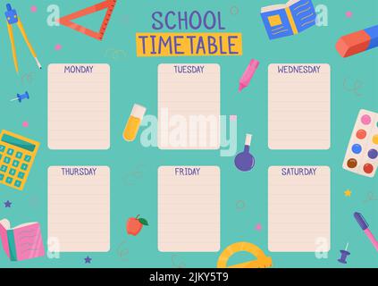 Cute childish school timetable, weekly classes schedule for kids with school supplies. Printable planner, diary for student. Stationery set for Stock Vector