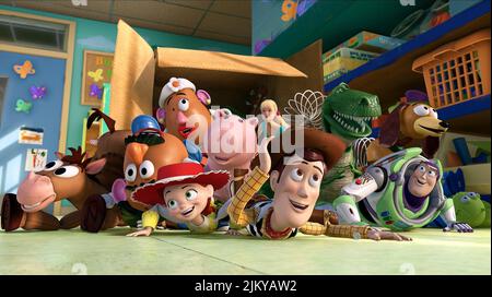 BULLSEYE,HEAD,HEAD,JESSIE,BANK,BARBIE,WOODY,REX,LIGHTYEAR,SLINKY,ALIENS, TOY STORY 3, 2010 Stock Photo