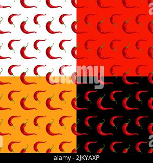 Set of geometric seamless patterns with hot red pepper. Hot chili pepper. Ornament for decoration and printing on fabric. Design element. Vector Stock Vector