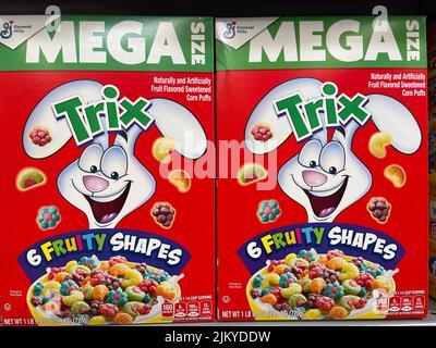 Grovetown, Ga USA - 04 20 22: Walmart retail store Trix cereal Mega box Stock Photo