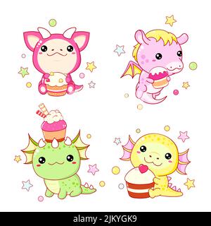 Set of kawaii fairy tale characters. Little dragon with cupcake. Collection of funny happy baby dragons with muffins. Cute fairytale collection. Vecto Stock Vector