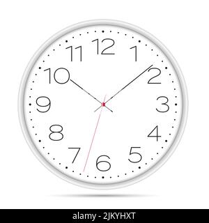 Realistic illustration of a wall clock with a light dial, numbers and a red second hand. Isolated on white background - vector Stock Vector