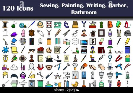 120 Icons Of Sewing, Painting, Writing, Barber, Bathroom. Editable Bold Outline With Color Fill Design. Vector Illustration. Stock Vector
