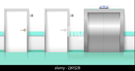 Hall doors with elevator realistic vector design interior. Corridor in hotel, empty hostel hallway illustration. Architecture background Stock Vector
