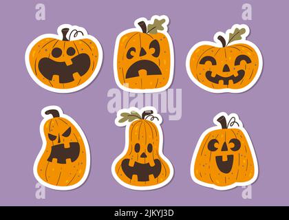 Halloween Pumpkins Sticker Collection. Funny hand-drawn Halloween pumpkins cliparts. Vector illustration. Set 1 of 2. Stock Vector