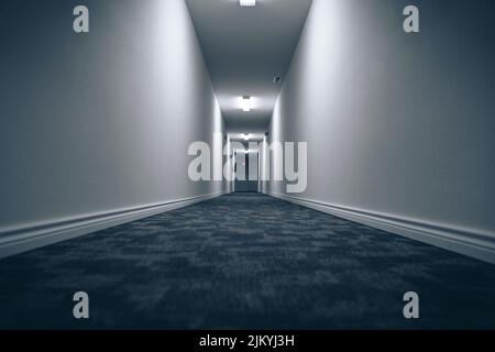 A long hallway with blue carpet and white walls with lighting lamps on the ceiling Stock Photo