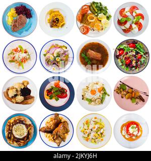 Collage of different dishes on round plates Stock Photo