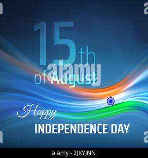 August 15, independence day india, vector template. Abstract india flag background. Blurred light lines of indian flag colors in blue sky. National Stock Vector