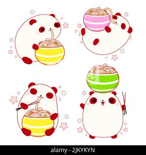 Set of cute animals in kawaii style. Funny fat panda eat ramen noodles. Can be used for t-shirt print, stickers, greeting card. Kawaii little pandas a Stock Vector