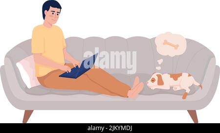 Man sitting on couch with laptop semi flat color vector character Stock Vector