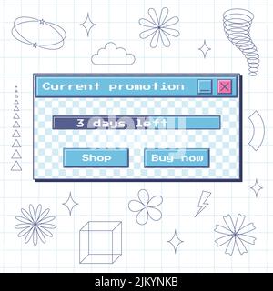 Retro window with progress bar and buttons - shop, buy now. Nostalgic aesthetics of an old computer.Retro 90s user interface. rutalism, y2k decorative Stock Vector