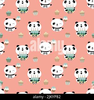 Kawaii panda Happy Birthday vector seamless pattern background. Cute backdrop with laughing cartoon bears holding cakes, balloons, cupcakes. Pink teal Stock Vector