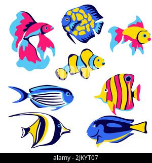 Set of tropical fishes. Marine life aquarium and sea animals. Stylized image in bright colors. Stock Vector
