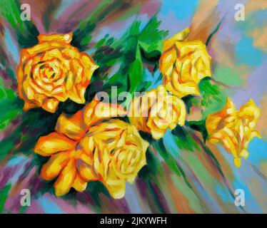 An oil painting depicting still life of roses in a vase Stock Photo