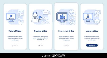 Microtraining video types light blue onboarding mobile app screen Stock Vector