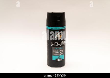 Axe men's deodorant spray can for men isolated on white background. Stock Photo