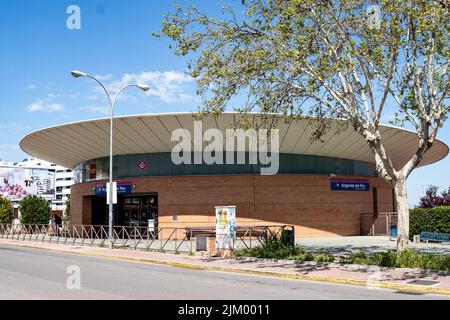 Arganda del Rey, Spain. April 18, 2021. Departure from Arganda del Rey subway stop, with the logo and the logo of the community of Madrid. Stock Photo