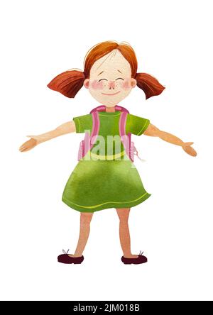 Girl with backpack rejoices isolated on white background illustration watercolor Stock Photo