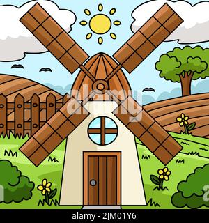 Windmill House Colored Cartoon Illustration Stock Vector