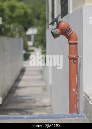 A vertical shot of a red fire hydrant water pipe near the road Stock Photo